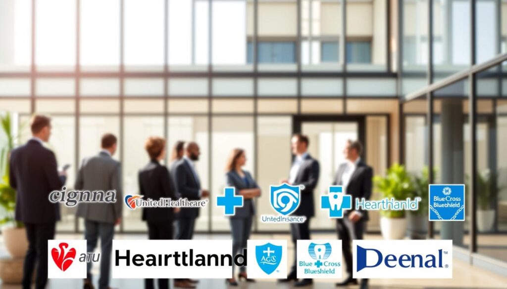 A modern, sleek office building with large windows and a professional, yet welcoming atmosphere. In the foreground, a group of diverse insurance provider logos are prominently displayed, including well-known brands such as Cigna, UnitedHealthcare, Aetna, and BlueCross BlueShield. The middle ground features smartly dressed individuals, likely insurance representatives, standing and conversing, creating a sense of activity and collaboration. The background is softly blurred, allowing the focus to remain on the main subject matter. The lighting is bright and natural, creating a clean, crisp visual. The overall composition and color palette convey a sense of trust, reliability, and the high-quality dental insurance services offered by Heartland Dental. A modern, sleek office building with large windows and a professional, yet welcoming atmosphere. In the foreground, a group of diverse insurance provider logos are prominently displayed, including well-known brands such as Cigna, UnitedHealthcare, Aetna, and BlueCross BlueShield. The middle ground features smartly dressed individuals, likely insurance representatives, standing and conversing, creating a sense of activity and collaboration. The background is softly blurred, allowing the focus to remain on the main subject matter. The lighting is bright and natural, creating a clean, crisp visual. The overall composition and color palette convey a sense of trust, reliability, and the high-quality dental insurance services offered by Heartland Dental.
