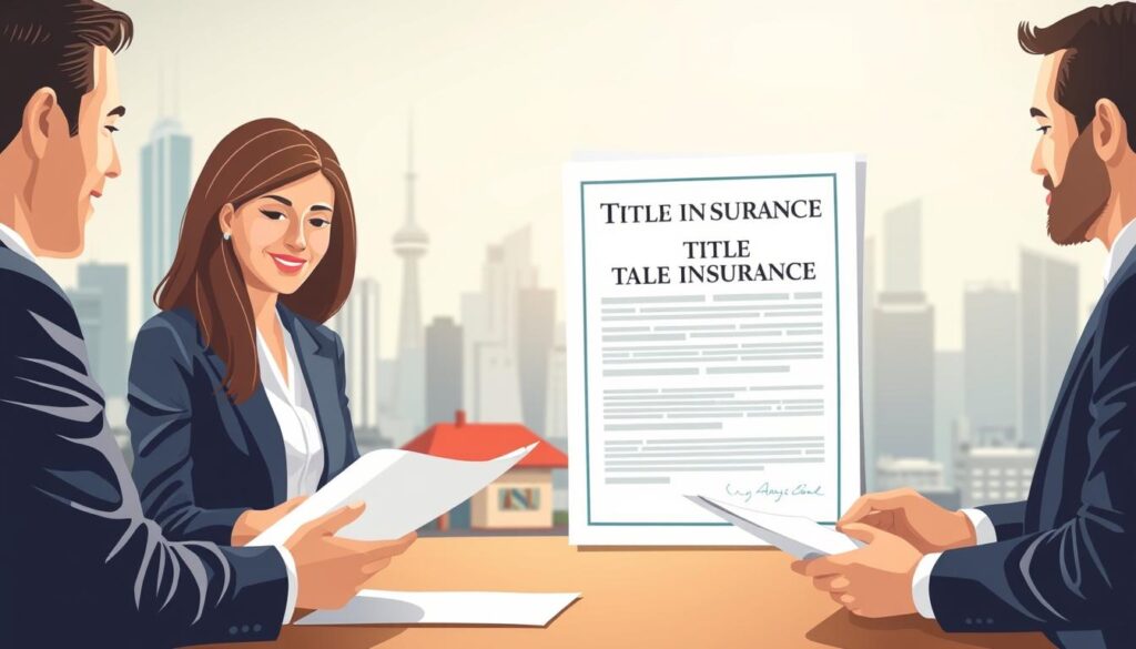A modern, stylized illustration of the role of title insurance in real estate transactions. In the foreground, a real estate agent and a homebuyer review documents and shakeir hands, signifying the closing of a real estate deal. In the middle ground, a title insurance policy document is prominently displayed, symbolizing the importance of title insurance in the transaction. The background features a cityscape with skyscrapers, suggesting a bustling urban real estate market. The lighting is soft and warm, creating an atmosphere of trust and professionalism. The overall composition conveys the significance of title insurance in safeguarding real estate investments.