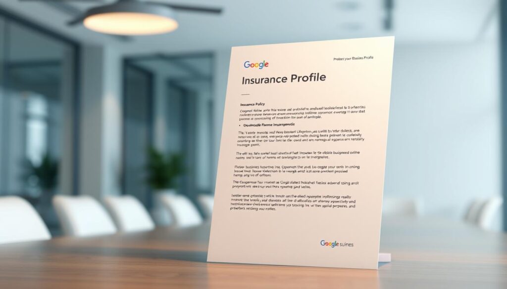 A modern, well-designed 3D rendering of an insurance policy document for Google's Business Profile, seen from a slightly elevated perspective. The document has a clean, minimal aesthetic with subtle textures and a soft, warm lighting that emphasizes its importance. The background is a blurred, neutral office setting, conveying a professional, authoritative atmosphere. The document is the focal point, capturing the essence of protecting one's online business presence through comprehensive insurance coverage.