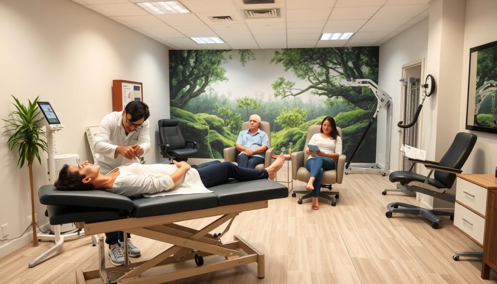 A modern, well-equipped chiropractic clinic interior with patients receiving long-term care treatments. Soft, diffused lighting illuminates the clean, minimalist space. In the foreground, a patient reclines on an adjustable chiropractic table as a chiropractor performs a gentle spinal adjustment. In the middle ground, additional patients wait patiently in ergonomic chairs, reviewing educational materials about the benefits of consistent chiropractic care. The background features a soothing nature mural and state-of-the-art rehabilitation equipment, conveying a sense of holistic wellness and proactive health maintenance. A modern, well-equipped chiropractic clinic interior with patients receiving long-term care treatments. Soft, diffused lighting illuminates the clean, minimalist space. In the foreground, a patient reclines on an adjustable chiropractic table as a chiropractor performs a gentle spinal adjustment. In the middle ground, additional patients wait patiently in ergonomic chairs, reviewing educational materials about the benefits of consistent chiropractic care. The background features a soothing nature mural and state-of-the-art rehabilitation equipment, conveying a sense of holistic wellness and proactive health maintenance.
