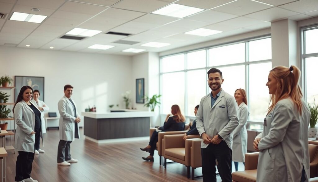 A modern, well-lit chiropractic clinic with a warm, inviting atmosphere. In the foreground, a team of friendly, professional chiropractors in white coats and scrubs, smiling and ready to assist patients. In the middle ground, a reception area with a receptionist at a sleek, minimalist desk, and patients sitting comfortably in plush chairs. The background features a clean, minimalist interior design with natural lighting filtering in through large windows, creating a calming, spa-like ambiance. The overall impression conveys a sense of trust, expertise, and insurance-friendly chiropractic care. A modern, well-lit chiropractic clinic with a warm, inviting atmosphere. In the foreground, a team of friendly, professional chiropractors in white coats and scrubs, smiling and ready to assist patients. In the middle ground, a reception area with a receptionist at a sleek, minimalist desk, and patients sitting comfortably in plush chairs. The background features a clean, minimalist interior design with natural lighting filtering in through large windows, creating a calming, spa-like ambiance. The overall impression conveys a sense of trust, expertise, and insurance-friendly chiropractic care.