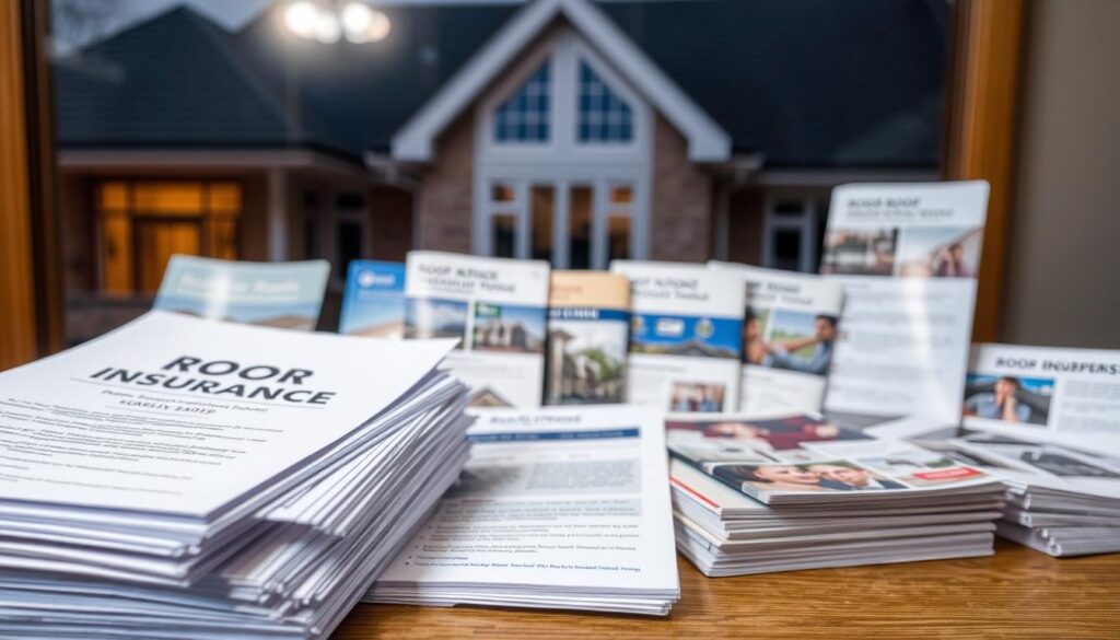 A neatly organized display of various roof insurance policy documents, brochures, and informational materials. The foreground features a stack of policy paperwork with clear labels, while the middle ground showcases pamphlets and booklets on different roof insurance coverages. The background depicts a blurred architectural exterior, hinting at the importance of roof protection for homeowners. The lighting is soft and diffused, creating a professional and trustworthy atmosphere. The angle is slightly elevated, giving a comprehensive overview of the available roof insurance options.
