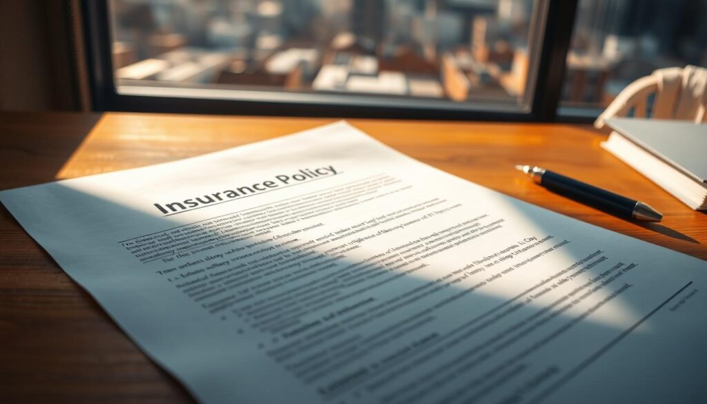A neatly organized insurance policy document lying on a wooden desk, bathed in warm, natural lighting. The text is legible, inviting the viewer to closely examine the detailed terms and conditions. The background features a softly blurred cityscape, hinting at the importance of reliable roof coverage in an urban setting. The overall composition conveys a sense of professionalism, transparency, and the significance of understanding one's insurance policy.