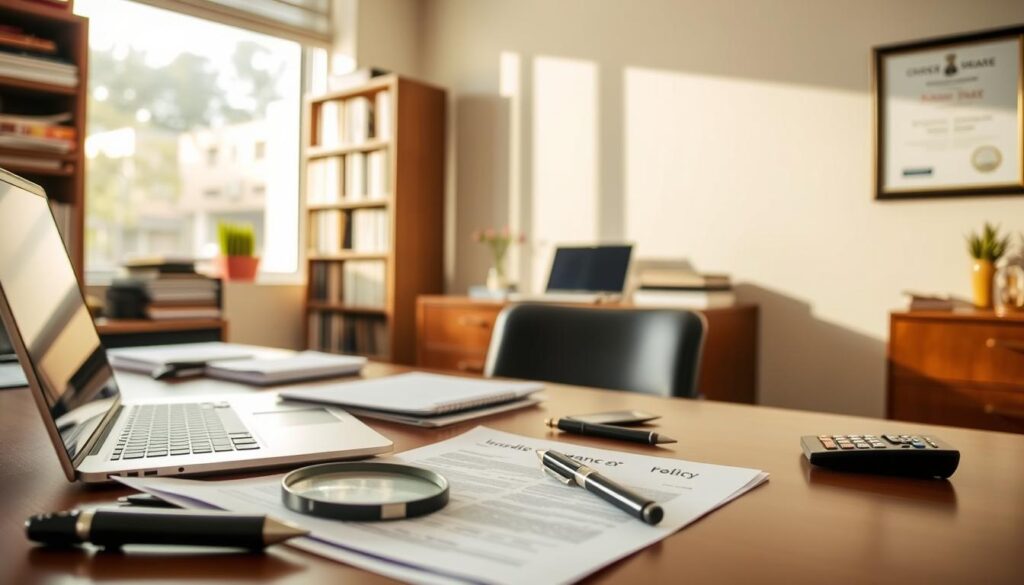 A neatly organized office desk with a laptop, pen, and documents spread out, illuminated by warm, natural lighting from a large window. In the foreground, insurance-related objects such as a policy document, a magnifying glass, and a calculator convey the topic of "Understanding Insurance Policies". In the background, a bookshelf filled with reference materials and a framed certificate on the wall suggest the expertise of the insurance provider, "O'Grady's Insurance: Protecting Your Future". A neatly organized office desk with a laptop, pen, and documents spread out, illuminated by warm, natural lighting from a large window. In the foreground, insurance-related objects such as a policy document, a magnifying glass, and a calculator convey the topic of "Understanding Insurance Policies". In the background, a bookshelf filled with reference materials and a framed certificate on the wall suggest the expertise of the insurance provider, "O'Grady's Insurance: Protecting Your Future".