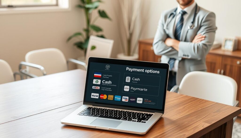 A neatly organized office setting with a wooden desk and modern chairs. On the desk, an open laptop displays payment options for chiropractic services, including credit card logos, cash, insurance, and payment plans. A professional chiropractor stands nearby, presenting these options with a welcoming expression. Soft, natural lighting illuminates the scene, conveying a sense of trust and approachability. The background features soothing neutral tones, allowing the focal points to stand out clearly. A neatly organized office setting with a wooden desk and modern chairs. On the desk, an open laptop displays payment options for chiropractic services, including credit card logos, cash, insurance, and payment plans. A professional chiropractor stands nearby, presenting these options with a welcoming expression. Soft, natural lighting illuminates the scene, conveying a sense of trust and approachability. The background features soothing neutral tones, allowing the focal points to stand out clearly.