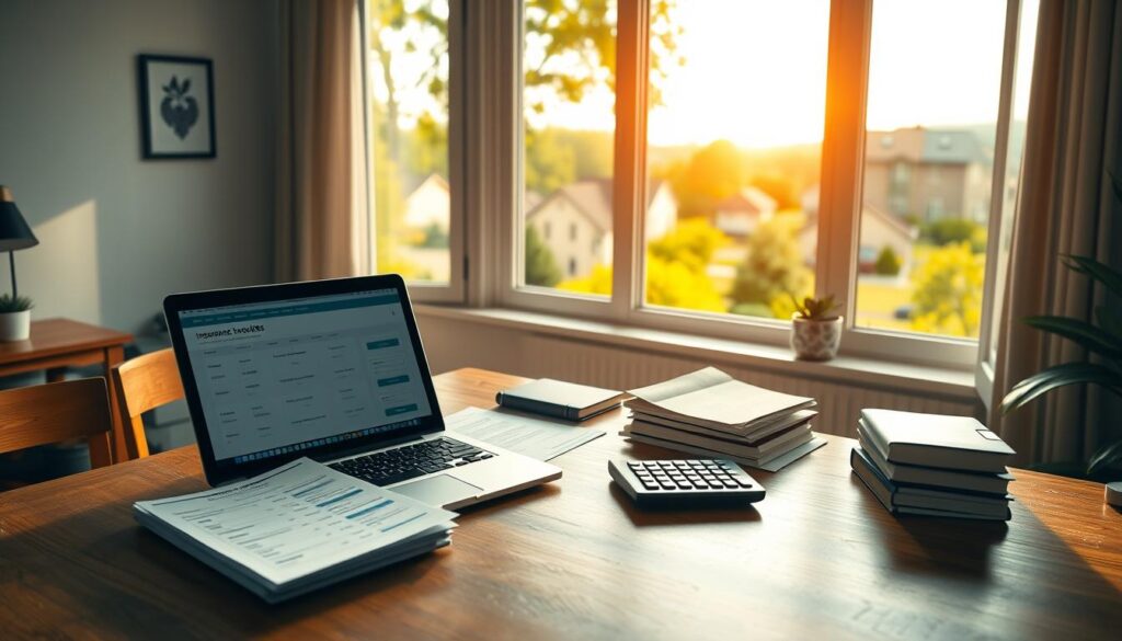 A peaceful, sun-filled home office scene. On a well-organized wooden desk, a laptop displays various insurance quote comparisons, while stacks of paperwork and a calculator symbolize the diligent research process. Warm, natural lighting illuminates the space, creating a serene atmosphere conducive to thoughtful decision-making. In the background, a panoramic window offers a picturesque view of a lush, verdant suburban neighborhood, hinting at the importance of protecting one's home. The overall composition conveys a sense of careful consideration and informed choice, essential for Hagerstown, MD homeowners seeking the right roof insurance coverage.