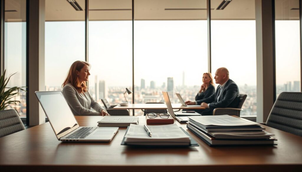 A professional and reputable insurance agency comparison, featuring a meticulously designed workspace. The foreground showcases a well-organized desk with a laptop, pen, and stacks of documents, conveying a sense of diligence and expertise. The middle ground depicts a team of insurance agents, each engaged in thoughtful discussion, their expressions reflecting the gravity of their clients' needs. The background is a serene, sunlit office space, with floor-to-ceiling windows offering a panoramic view of a bustling cityscape. Warm, muted tones create a calming atmosphere, while carefully placed lighting and angles highlight the professionalism and attention to detail that define the agency's approach to protecting its clients' futures. A professional and reputable insurance agency comparison, featuring a meticulously designed workspace. The foreground showcases a well-organized desk with a laptop, pen, and stacks of documents, conveying a sense of diligence and expertise. The middle ground depicts a team of insurance agents, each engaged in thoughtful discussion, their expressions reflecting the gravity of their clients' needs. The background is a serene, sunlit office space, with floor-to-ceiling windows offering a panoramic view of a bustling cityscape. Warm, muted tones create a calming atmosphere, while carefully placed lighting and angles highlight the professionalism and attention to detail that define the agency's approach to protecting its clients' futures.