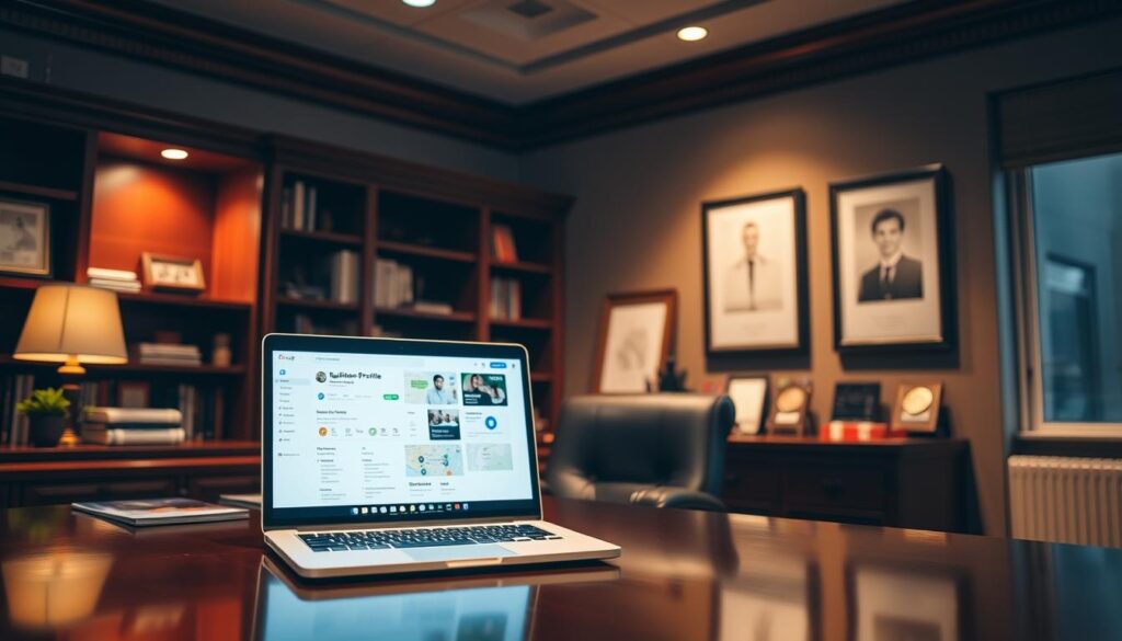 A professional office interior, dimly lit with warm overhead lighting, casts a cozy glow on a polished mahogany desk. Centered on the desk, a laptop displays a Google Business Profile dashboard, its bright interface contrasting with the subtle hues of the room. In the background, bookshelves and framed awards suggest a successful business, while the foreground showcases the digital tools necessary for optimizing an online presence. The scene conveys a sense of thoughtful preparation and strategic decision-making, setting the stage for an article on improving a local business's visibility and reputation.