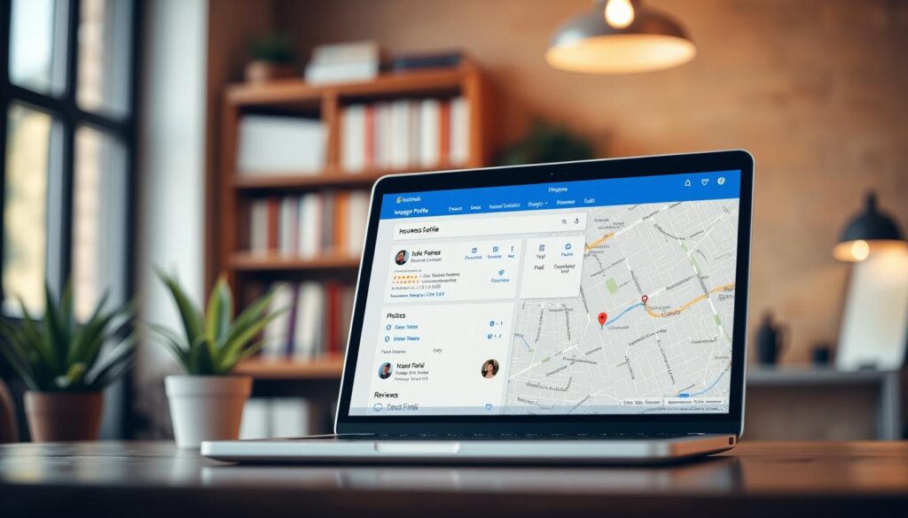 A professional, well-lit, high-resolution image of a Google Business Profile dashboard for an insurance agent. The foreground features the profile setup page with options for business details, services, photos, and reviews. The middle ground shows a laptop displaying the Google Maps integration, highlighting the agent's business location. The background has a blurred, warm-toned office setting with bookshelves, potted plants, and natural lighting from windows. The overall mood is one of efficiency, professionalism, and a focus on providing a seamless customer experience for insurance seekers.