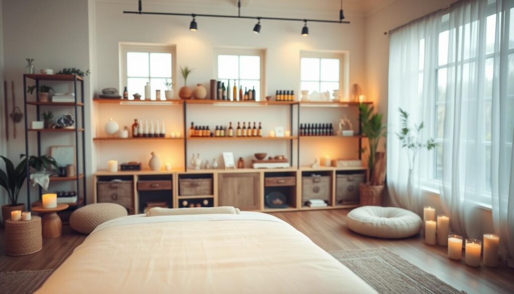 A serene, light-filled studio space showcasing a variety of alternative therapy modalities. In the foreground, a massage table with natural linens and plush pillows. Nearby, a meditation cushion and scented candles create a calming ambiance. In the middle ground, shelves display an array of holistic remedies, crystals, and aromatherapy oils. The background features large windows, allowing natural light to pour in and highlight the tranquil atmosphere. Soft, warm lighting casts a soothing glow throughout the room, evoking a sense of balance and well-being. A serene, light-filled studio space showcasing a variety of alternative therapy modalities. In the foreground, a massage table with natural linens and plush pillows. Nearby, a meditation cushion and scented candles create a calming ambiance. In the middle ground, shelves display an array of holistic remedies, crystals, and aromatherapy oils. The background features large windows, allowing natural light to pour in and highlight the tranquil atmosphere. Soft, warm lighting casts a soothing glow throughout the room, evoking a sense of balance and well-being.