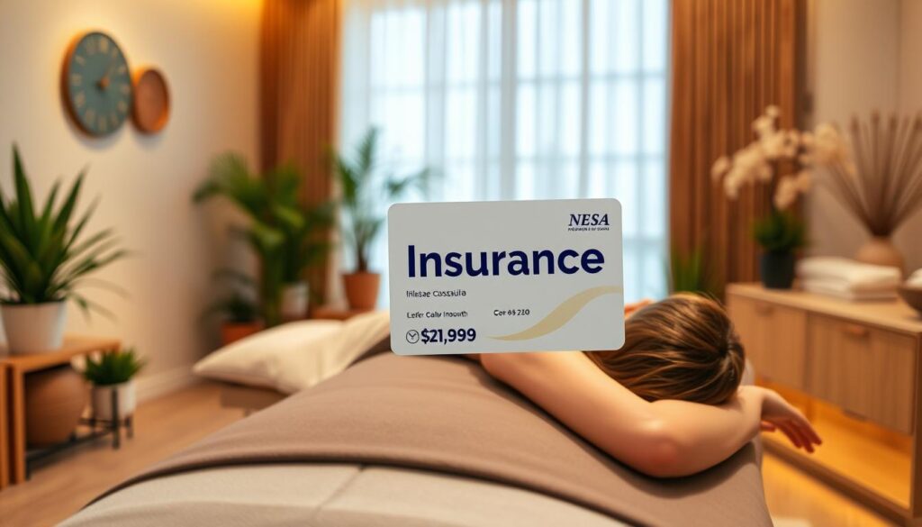 A serene massage therapy studio with warm lighting and a soothing atmosphere. In the foreground, a client reclines on a massage table, eyes closed, as a skilled massage therapist applies gentle, therapeutic pressure. The middle ground showcases an insurance card prominently displayed, signifying the studio's insurance coverage. The background features calming nature-inspired decor, such as potted plants and natural wood accents, creating a tranquil and welcoming environment. The overall scene conveys a sense of relaxation, comfort, and the accessibility of professional massage therapy services covered by insurance. A serene massage therapy studio with warm lighting and a soothing atmosphere. In the foreground, a client reclines on a massage table, eyes closed, as a skilled massage therapist applies gentle, therapeutic pressure. The middle ground showcases an insurance card prominently displayed, signifying the studio's insurance coverage. The background features calming nature-inspired decor, such as potted plants and natural wood accents, creating a tranquil and welcoming environment. The overall scene conveys a sense of relaxation, comfort, and the accessibility of professional massage therapy services covered by insurance.