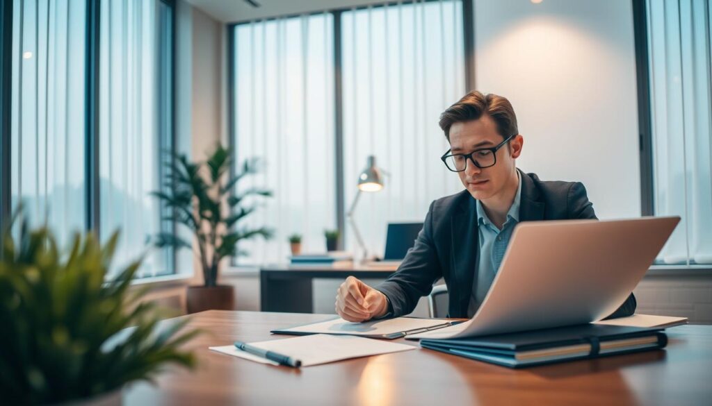A serene, modern office setting with a warm, inviting atmosphere. In the foreground, a professional-looking person sits at a wooden desk, reviewing insurance documents and policies through a pair of stylish eyeglasses. The middle ground features a potted plant, a sleek lamp, and a few carefully arranged files, conveying a sense of organized productivity. The background showcases floor-to-ceiling windows, allowing natural light to stream in and create a soft, diffused glow. The overall scene evokes a feeling of diligence, attention to detail, and a commitment to providing comprehensive insurance coverage. A serene, modern office setting with a warm, inviting atmosphere. In the foreground, a professional-looking person sits at a wooden desk, reviewing insurance documents and policies through a pair of stylish eyeglasses. The middle ground features a potted plant, a sleek lamp, and a few carefully arranged files, conveying a sense of organized productivity. The background showcases floor-to-ceiling windows, allowing natural light to stream in and create a soft, diffused glow. The overall scene evokes a feeling of diligence, attention to detail, and a commitment to providing comprehensive insurance coverage.