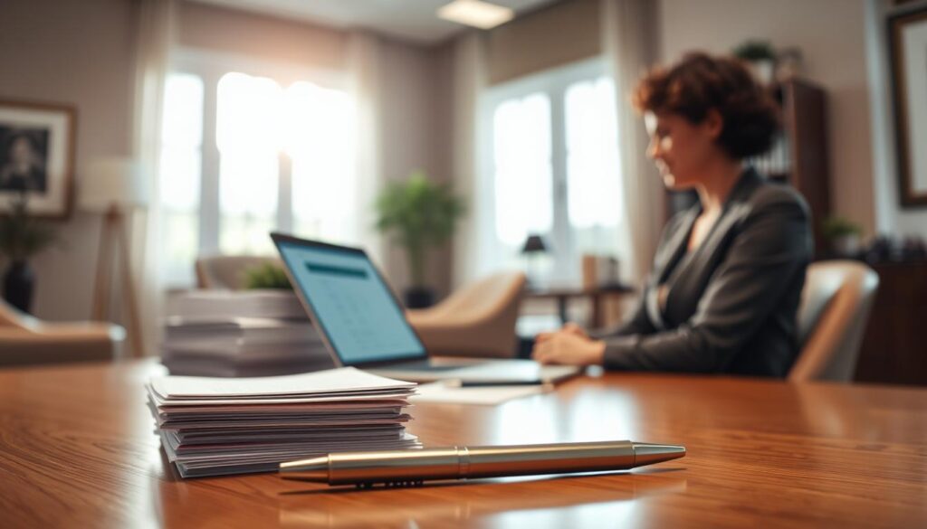 A serene office setting, illuminated by soft, natural lighting filtering through large windows. In the foreground, a person sits at a desk, calmly navigating through the digital interface of a Gerber Life insurance application. The middle ground features neatly organized stacks of documents and a pen resting on a polished wood surface, conveying a sense of professionalism and attention to detail. The background showcases tasteful decor, creating a welcoming and trustworthy atmosphere, appropriate for the financial planning process. The composition is balanced, with a subtle depth of field that draws the viewer's eye towards the central focus - the applicant's diligent engagement with the Gerber Life insurance application. A serene office setting, illuminated by soft, natural lighting filtering through large windows. In the foreground, a person sits at a desk, calmly navigating through the digital interface of a Gerber Life insurance application. The middle ground features neatly organized stacks of documents and a pen resting on a polished wood surface, conveying a sense of professionalism and attention to detail. The background showcases tasteful decor, creating a welcoming and trustworthy atmosphere, appropriate for the financial planning process. The composition is balanced, with a subtle depth of field that draws the viewer's eye towards the central focus - the applicant's diligent engagement with the Gerber Life insurance application.