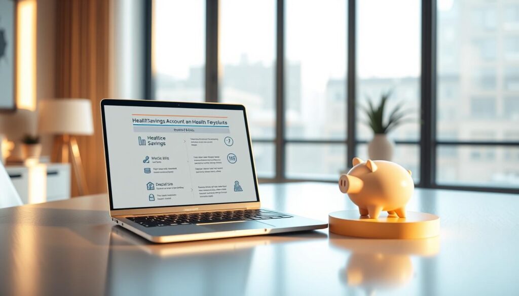 A serene, well-lit office setting with a sleek, modern desk and an open laptop displaying a detailed breakdown of Health Savings Account (HSA) benefits. Placed atop the desk, a stylized icon depicting healthcare savings, medical bills, and a piggy bank symbolize the financial advantages of an HSA. Warm, natural lighting filters through large windows, casting a soft glow on the scene. The background features minimalist decor, allowing the key elements to take center stage and effectively communicate the value of HSAs for healthcare cost management. A serene, well-lit office setting with a sleek, modern desk and an open laptop displaying a detailed breakdown of Health Savings Account (HSA) benefits. Placed atop the desk, a stylized icon depicting healthcare savings, medical bills, and a piggy bank symbolize the financial advantages of an HSA. Warm, natural lighting filters through large windows, casting a soft glow on the scene. The background features minimalist decor, allowing the key elements to take center stage and effectively communicate the value of HSAs for healthcare cost management.