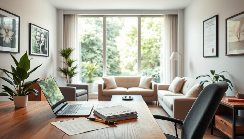 A serene, well-lit office with a large window overlooking a tranquil garden. In the foreground, a wooden desk with a laptop, pen, and a stack of insurance documents. Beside the desk, a comfortable chair and a potted plant. In the middle ground, a therapist's couch with plush cushions and a clipboard. The walls are adorned with calming artwork and diplomas, conveying a sense of professionalism and care. Soft, indirect lighting creates a warm, inviting atmosphere, reflecting the importance of mental health and the accessibility of insurance coverage for psychological evaluations. A serene, well-lit office with a large window overlooking a tranquil garden. In the foreground, a wooden desk with a laptop, pen, and a stack of insurance documents. Beside the desk, a comfortable chair and a potted plant. In the middle ground, a therapist's couch with plush cushions and a clipboard. The walls are adorned with calming artwork and diplomas, conveying a sense of professionalism and care. Soft, indirect lighting creates a warm, inviting atmosphere, reflecting the importance of mental health and the accessibility of insurance coverage for psychological evaluations.