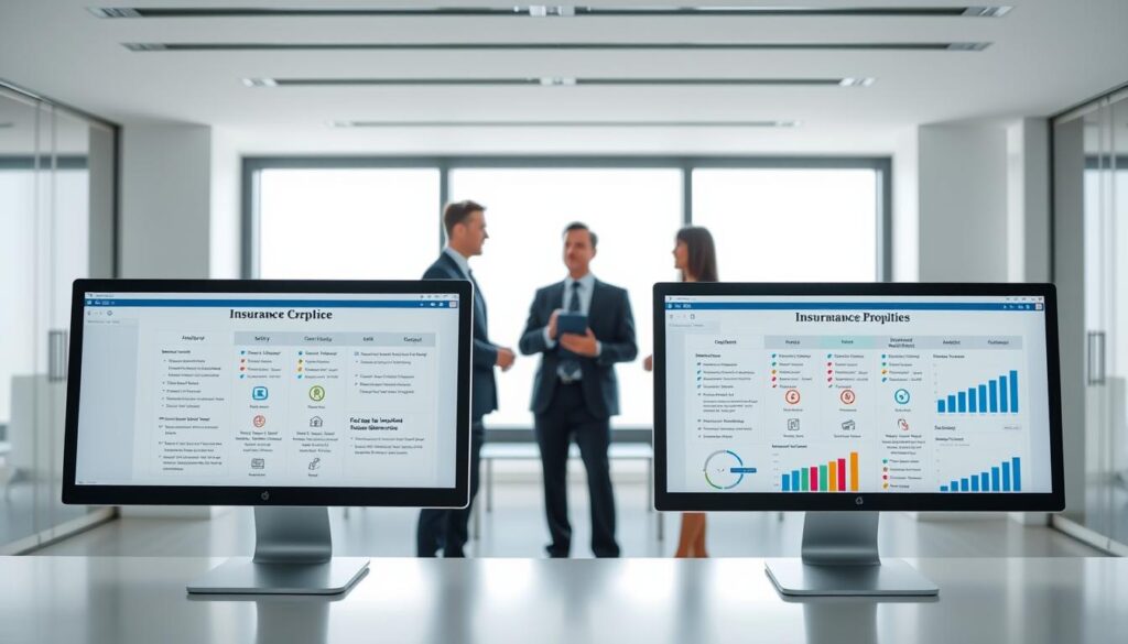 A side-by-side comparison of insurance providers, showcased in a modern and professional setting. In the foreground, three computer screens display detailed policy information, with icons and graphs highlighting key features. The middle ground features business people in formal attire, engaged in discussion and analysis. The background depicts a sleek, minimalist office environment with clean lines, neutral tones, and abundant natural lighting, creating a sense of clarity and sophistication. The overall atmosphere conveys a well-informed, data-driven approach to selecting the right insurance coverage. A side-by-side comparison of insurance providers, showcased in a modern and professional setting. In the foreground, three computer screens display detailed policy information, with icons and graphs highlighting key features. The middle ground features business people in formal attire, engaged in discussion and analysis. The background depicts a sleek, minimalist office environment with clean lines, neutral tones, and abundant natural lighting, creating a sense of clarity and sophistication. The overall atmosphere conveys a well-informed, data-driven approach to selecting the right insurance coverage.