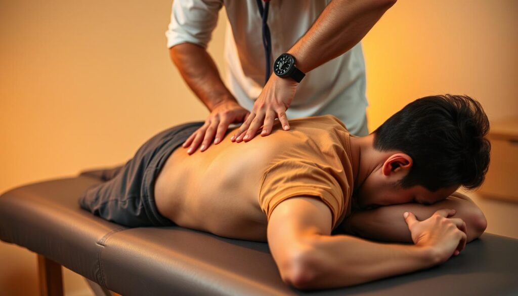 A skilled chiropractor performs a thorough spinal adjustment on a patient experiencing severe back pain. The patient lies on a padded table, their body relaxed as the chiropractor's nimble hands expertly manipulate the vertebrae, releasing tension and restoring proper alignment. Soft, warm lighting illuminates the scene, creating a calming, therapeutic atmosphere. The chiropractor's focused gaze and the patient's expression of relief convey the expertise and care of this natural, holistic approach to pain management. The image captures the essence of chiropractic care - a personalized, hands-on treatment that addresses the root cause of back discomfort. A skilled chiropractor performs a thorough spinal adjustment on a patient experiencing severe back pain. The patient lies on a padded table, their body relaxed as the chiropractor's nimble hands expertly manipulate the vertebrae, releasing tension and restoring proper alignment. Soft, warm lighting illuminates the scene, creating a calming, therapeutic atmosphere. The chiropractor's focused gaze and the patient's expression of relief convey the expertise and care of this natural, holistic approach to pain management. The image captures the essence of chiropractic care - a personalized, hands-on treatment that addresses the root cause of back discomfort.