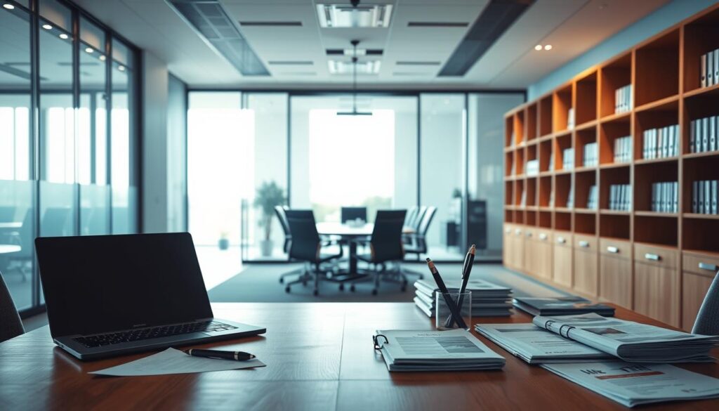 A sleek and modern office setting with a glass-walled conference room in the middle ground. The foreground features a wooden desk with a laptop, a pen holder, and various insurance-related documents and brochures neatly arranged. Soft, directional lighting from a large window illuminates the scene, casting warm shadows and highlights. In the background, rows of bookshelves and filing cabinets line the walls, conveying a sense of professionalism and expertise. The overall mood is one of efficiency, security, and attention to detail, reflecting the types of insurance coverage options available. A sleek and modern office setting with a glass-walled conference room in the middle ground. The foreground features a wooden desk with a laptop, a pen holder, and various insurance-related documents and brochures neatly arranged. Soft, directional lighting from a large window illuminates the scene, casting warm shadows and highlights. In the background, rows of bookshelves and filing cabinets line the walls, conveying a sense of professionalism and expertise. The overall mood is one of efficiency, security, and attention to detail, reflecting the types of insurance coverage options available.