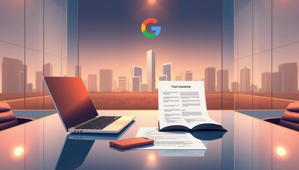 A sleek, corporate-themed illustration showcasing the key insurance coverage features for a Google Business Profile. In the foreground, a polished glass office desk displays an open laptop, smartphone, and a contract document representing the policy details. The middle ground features a clean, minimalist landscape with modern office buildings, conveying a sense of security and professionalism. Warm, soft lighting illuminates the scene, creating a welcoming and trustworthy atmosphere. The background subtly incorporates the Google branding colors, echoing the tech-savvy nature of the subject matter. An overall tone of reliability, protection, and digital expertise is achieved through the careful composition and styling.