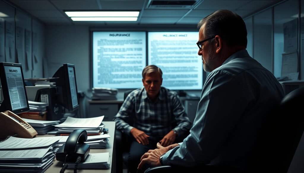 A sterile, clinical office interior with fluorescent lighting casting harsh shadows. In the foreground, a desk cluttered with stacks of papers, a ringing phone, and a computer monitor displaying a confusing array of forms and fine print. The middle ground features a distressed-looking applicant sitting across from a stone-faced insurance agent, their body language conveying frustration and powerlessness. The background is blurred, hinting at a sense of bureaucratic inertia and red tape. The overall atmosphere is one of bureaucratic indifference, institutional obfuscation, and the applicant's growing sense of despair. A sterile, clinical office interior with fluorescent lighting casting harsh shadows. In the foreground, a desk cluttered with stacks of papers, a ringing phone, and a computer monitor displaying a confusing array of forms and fine print. The middle ground features a distressed-looking applicant sitting across from a stone-faced insurance agent, their body language conveying frustration and powerlessness. The background is blurred, hinting at a sense of bureaucratic inertia and red tape. The overall atmosphere is one of bureaucratic indifference, institutional obfuscation, and the applicant's growing sense of despair.