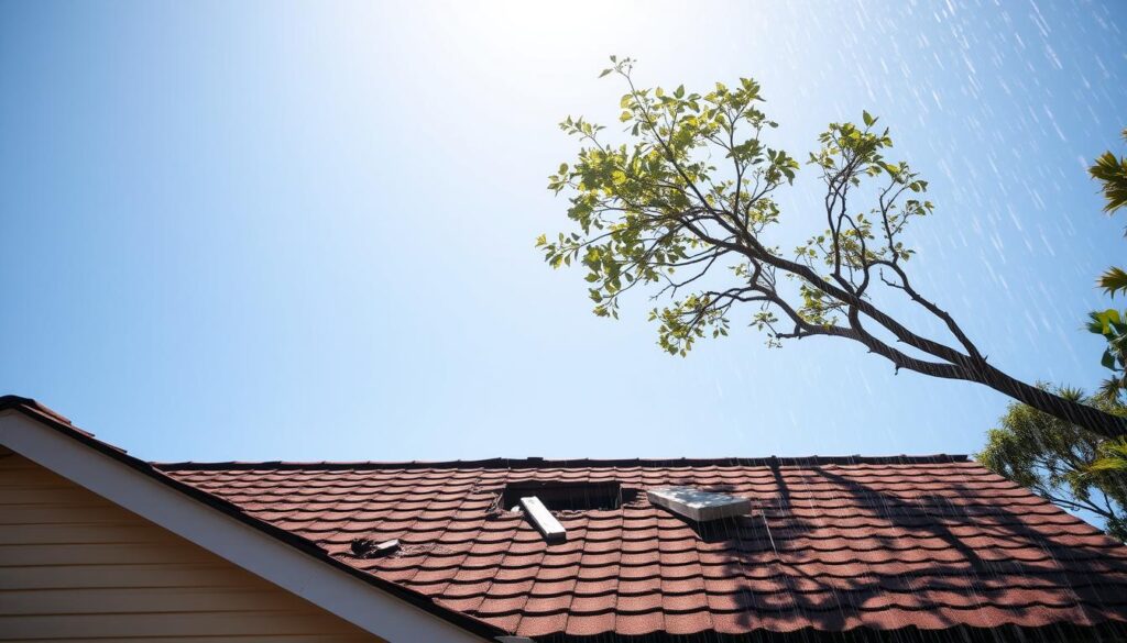 A sun-dappled rooftop under a bright blue sky, showcasing various roof damage scenarios that could be covered by insurance. In the foreground, a section of the roof is missing shingles, exposing the underlying structure. In the middle ground, a tree branch has fallen and punched a hole through the roof. In the background, heavy rain pours down, highlighting the importance of proper roof maintenance and weatherproofing. The scene is captured with a wide-angle lens, creating a sense of depth and scale, and the lighting is warm and natural, conveying a sense of the real-world conditions that homeowners might face.