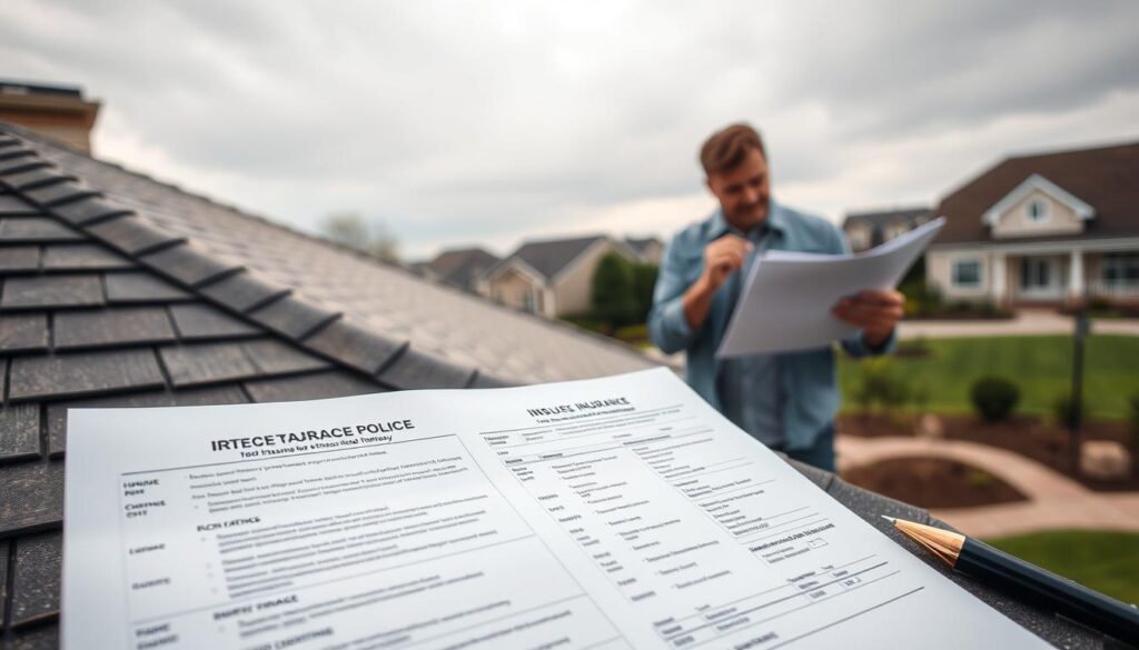 A tastefully designed residential roof, its shingles glistening in the soft, diffused light of a cloudy day. In the foreground, an array of insurance policy options are neatly displayed, showcasing the various coverage levels and deductibles. In the middle ground, a homeowner thoughtfully reviews the documents, weighing the pros and cons of each plan. The background depicts a serene neighborhood, with well-manicured lawns and a sense of tranquility, hinting at the importance of protecting one's most valuable asset - the home. The composition is balanced, with a focus on the key elements of roof insurance coverage, conveying a sense of informed decision-making and financial responsibility.