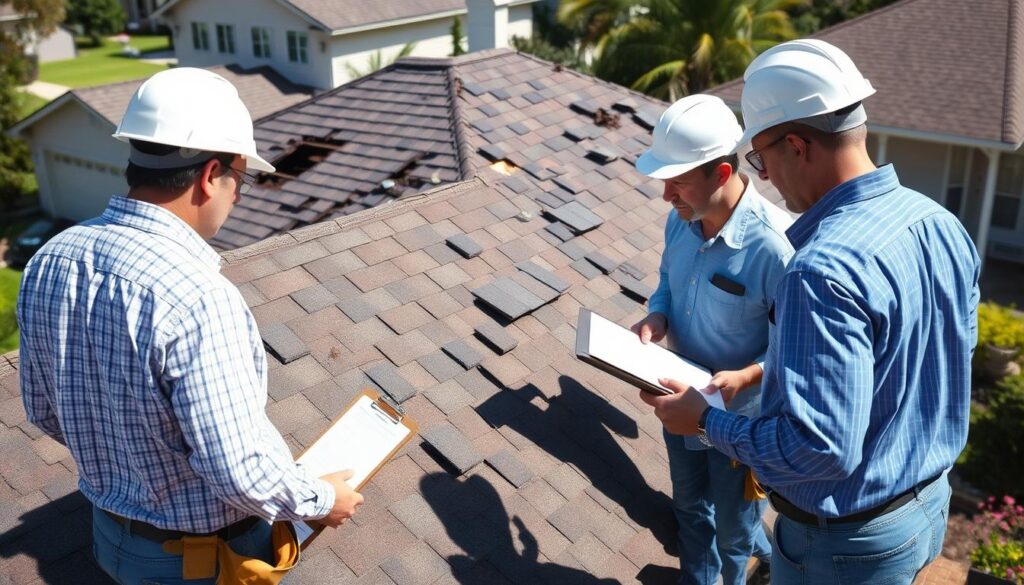 A team of roofing insurance adjusters in a residential neighborhood, carefully inspecting a damaged roof after a storm. The adjusters, wearing hard hats and carrying clipboards, meticulously examine the shingles and structure, assessing the extent of the repairs needed. The midday sun casts sharp shadows, highlighting the intricate details of the roof and the focused expressions of the adjusters. The scene conveys a sense of diligence and professionalism as they work to determine the appropriate coverage and payout for the homeowner's claim.