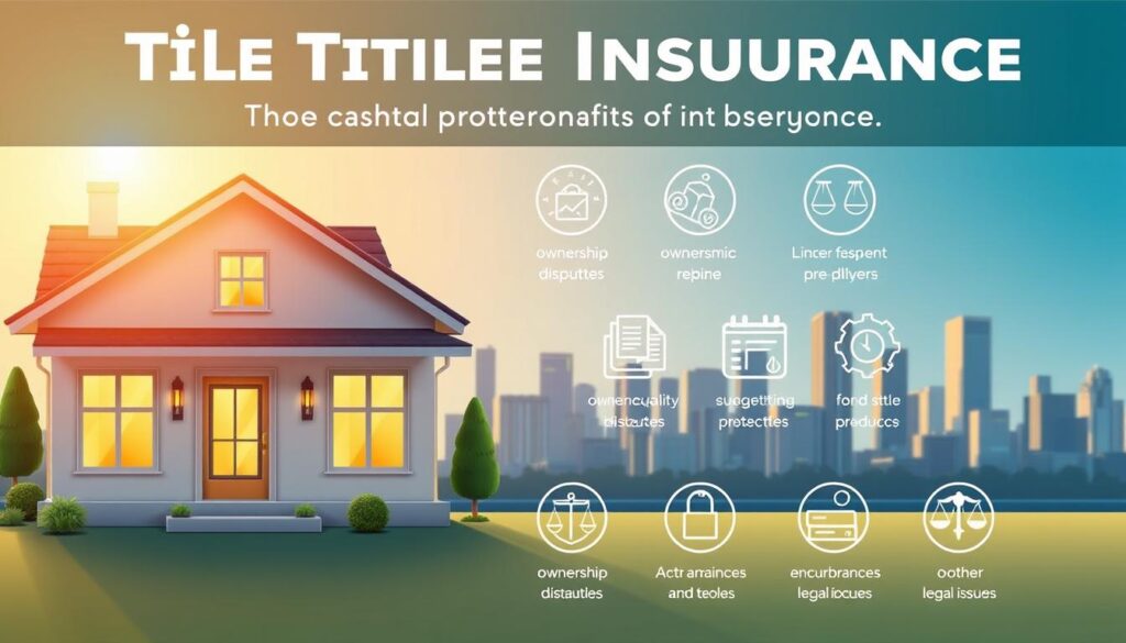 A vibrant and informative illustration showcasing the key benefits of title insurance. In the foreground, a detailed and meticulously rendered house, its doors and windows gleaming in the warm, golden light. In the middle ground, a series of icons and symbols representing the core protections provided by title insurance - safeguarding against ownership disputes, liens, encumbrances, and other legal issues. The background features a clean, minimalist cityscape, with sleek skyscrapers and a clear, blue sky, conveying a sense of security and stability. The overall composition is crisp, balanced, and visually striking, drawing the viewer's attention to the essential value of title insurance for cash buyers.