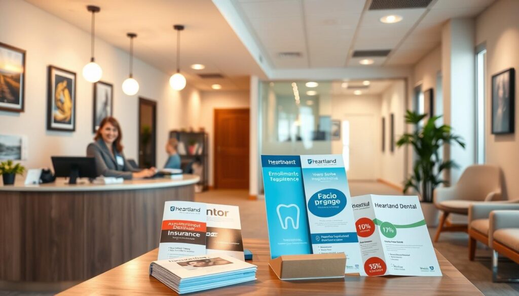 A vibrant and professional insurance office setting, with a warm, inviting atmosphere. In the foreground, a receptionist's desk with a friendly representative greeting prospective clients. The middle ground showcases various insurance providers' logos and branding, displayed on informative pamphlets and brochures. The background features a clean, well-lit, and modern office space, with neutral tones and minimalist decor, conveying a sense of trust and reliability. The lighting is soft and natural, creating a calming and professional ambiance. The overall composition and color palette should reflect the trustworthiness and professionalism of Heartland Dental's insurance enrollment processes. A vibrant and professional insurance office setting, with a warm, inviting atmosphere. In the foreground, a receptionist's desk with a friendly representative greeting prospective clients. The middle ground showcases various insurance providers' logos and branding, displayed on informative pamphlets and brochures. The background features a clean, well-lit, and modern office space, with neutral tones and minimalist decor, conveying a sense of trust and reliability. The lighting is soft and natural, creating a calming and professional ambiance. The overall composition and color palette should reflect the trustworthiness and professionalism of Heartland Dental's insurance enrollment processes.