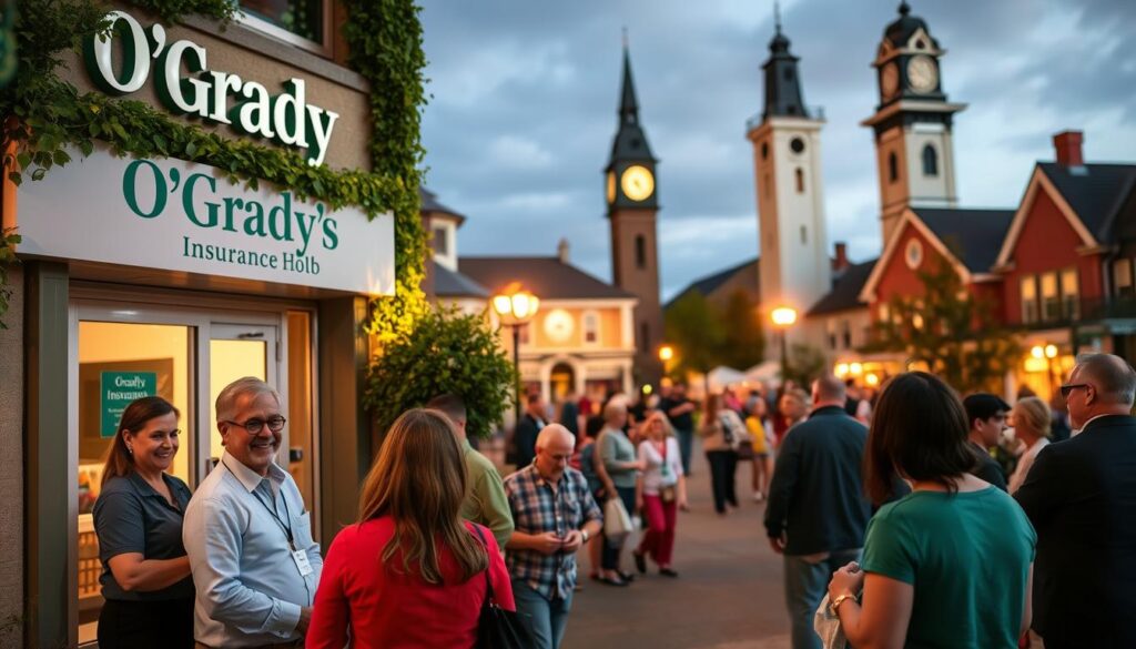 A vibrant community hub, O'Grady's Insurance office stands proudly, its facade adorned with lush greenery and a welcoming entryway. In the foreground, a group of smiling employees engage with local residents, discussing insurance policies and community outreach initiatives. The middle ground reveals a bustling scene, with people of all ages gathering for a charity fundraiser or neighborhood event, underscoring O'Grady's commitment to its community. The background showcases a picturesque town square, complete with a historic clock tower and warm, directional lighting that creates a cozy, inviting atmosphere. This image encapsulates O'Grady's Insurance's dedication to protecting the futures of its customers while actively contributing to the wellbeing of the local community. A vibrant community hub, O'Grady's Insurance office stands proudly, its facade adorned with lush greenery and a welcoming entryway. In the foreground, a group of smiling employees engage with local residents, discussing insurance policies and community outreach initiatives. The middle ground reveals a bustling scene, with people of all ages gathering for a charity fundraiser or neighborhood event, underscoring O'Grady's commitment to its community. The background showcases a picturesque town square, complete with a historic clock tower and warm, directional lighting that creates a cozy, inviting atmosphere. This image encapsulates O'Grady's Insurance's dedication to protecting the futures of its customers while actively contributing to the wellbeing of the local community.