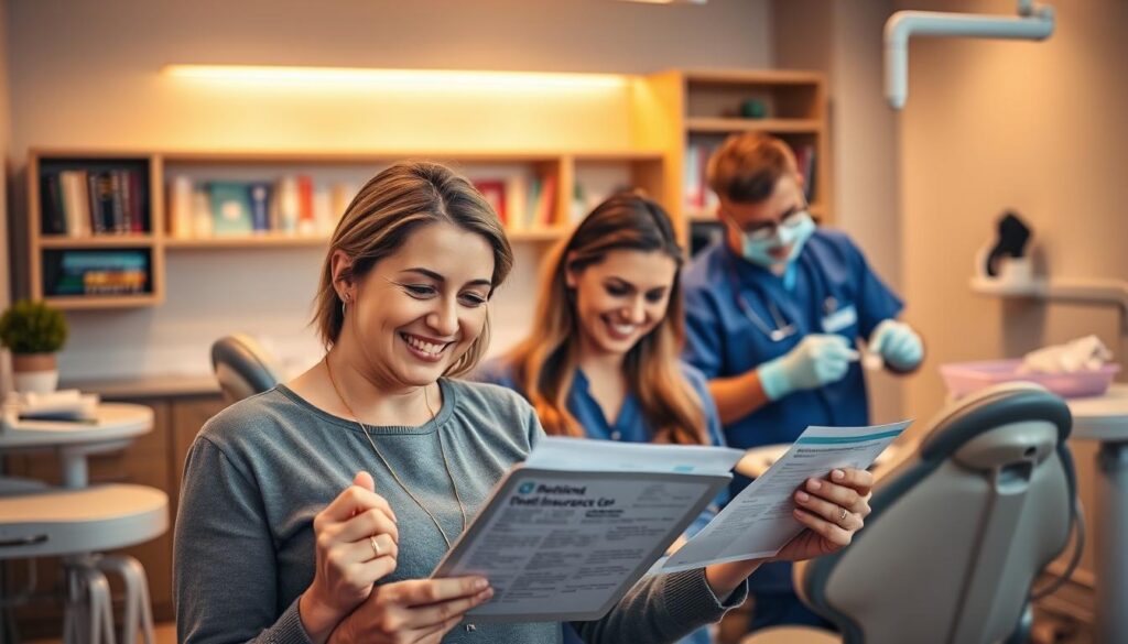 A vibrant dental office with modern equipment and smiling staff, bathed in warm lighting that creates a welcoming atmosphere. In the foreground, a woman reviewing dental insurance plans on a tablet, her expression thoughtful as she considers her options. In the middle ground, a dental hygienist gently cleaning a patient's teeth, conveying the high-quality care available. The background features a bookshelf filled with dental health resources, subtly suggesting the wealth of knowledge and expertise within the practice. The overall scene evokes a sense of affordability, accessibility, and a commitment to patient well-being. A vibrant dental office with modern equipment and smiling staff, bathed in warm lighting that creates a welcoming atmosphere. In the foreground, a woman reviewing dental insurance plans on a tablet, her expression thoughtful as she considers her options. In the middle ground, a dental hygienist gently cleaning a patient's teeth, conveying the high-quality care available. The background features a bookshelf filled with dental health resources, subtly suggesting the wealth of knowledge and expertise within the practice. The overall scene evokes a sense of affordability, accessibility, and a commitment to patient well-being.