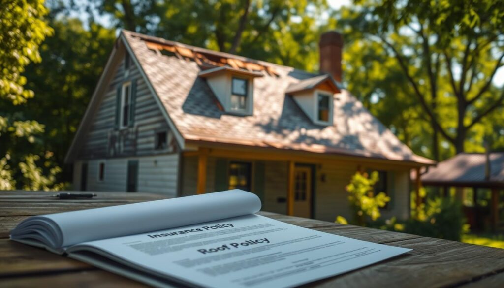 A weathered, two-story house with visible roof damage, surrounded by lush green foliage. The roof has several missing shingles, exposing the underlying structure. Sunlight filters through the damaged areas, casting warm, natural lighting across the scene. In the foreground, an open insurance policy document lies on a wooden table, highlighting the importance of proper roof coverage. The overall atmosphere conveys a sense of concern and the need for addressing the roof's condition to ensure proper home protection.