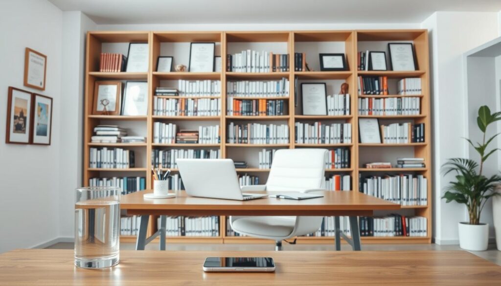 A well-lit, clean office interior with a wooden desk and white swivel chair. On the desk, a laptop computer, a stack of papers, and a pen holder. Behind the desk, a large bookshelf filled with reference books. The walls are adorned with framed certificates and minimal artwork. The lighting is soft and even, creating a professional yet inviting atmosphere. In the foreground, a glass of water and a smartphone sit on the desk, hinting at the digital and analog aspects of comprehensive insurance FAQs.