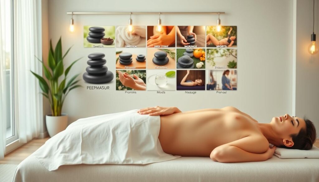 A well-lit, detailed illustration of various types of massage therapy covered by insurance, including Swedish, deep tissue, sports, and prenatal massage. The foreground shows a person receiving a relaxing full-body massage on a padded table, with the therapist's hands gently kneading the muscles. The middle ground features a collage of different massage modalities and their associated icons, such as stones for hot stone massage, aromatherapy candles, and stretching techniques. The background showcases a calming, spa-like environment with soothing lighting, potted plants, and serene nature imagery, conveying a sense of tranquility and wellness. Rendered in a realistic, high-quality style with a focus on the therapeutic aspects of massage covered by insurance. A well-lit, detailed illustration of various types of massage therapy covered by insurance, including Swedish, deep tissue, sports, and prenatal massage. The foreground shows a person receiving a relaxing full-body massage on a padded table, with the therapist's hands gently kneading the muscles. The middle ground features a collage of different massage modalities and their associated icons, such as stones for hot stone massage, aromatherapy candles, and stretching techniques. The background showcases a calming, spa-like environment with soothing lighting, potted plants, and serene nature imagery, conveying a sense of tranquility and wellness. Rendered in a realistic, high-quality style with a focus on the therapeutic aspects of massage covered by insurance.