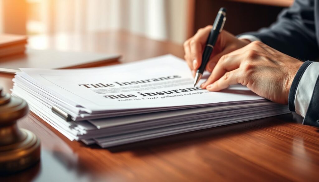 A well-lit, high-resolution close-up of a desk in a professional office setting, displaying a stack of documents, a pen, and a pair of hands signing a legal contract. The documents should prominently feature the words "Title Insurance" and convey a sense of formal, legal proceedings. The lighting should be warm and directional, emphasizing the importance of the moment. The depth of field should be shallow, keeping the foreground in sharp focus while blurring the background to suggest a sense of privacy and confidentiality. The overall mood should be one of seriousness, professionalism, and the weight of a significant financial transaction. A well-lit, high-resolution close-up of a desk in a professional office setting, displaying a stack of documents, a pen, and a pair of hands signing a legal contract. The documents should prominently feature the words "Title Insurance" and convey a sense of formal, legal proceedings. The lighting should be warm and directional, emphasizing the importance of the moment. The depth of field should be shallow, keeping the foreground in sharp focus while blurring the background to suggest a sense of privacy and confidentiality. The overall mood should be one of seriousness, professionalism, and the weight of a significant financial transaction.