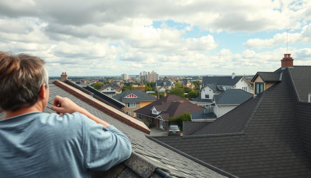 A well-lit, high-resolution image of residential rooftops against a partially cloudy sky, with a focus on the various shingles and materials used. In the foreground, a close-up view of a homeowner examining their roof, contemplating the factors that influence their insurance premiums, such as roof age, condition, and material type. In the middle ground, a group of insurance agents discussing coverage options with homeowners. In the background, a cityscape with a mix of older and newer homes, showcasing the diversity of roofing styles and the importance of proper maintenance and insurance coverage.