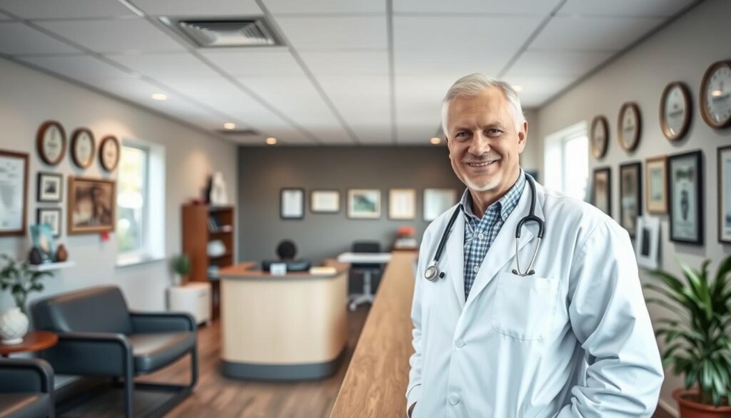 A well-lit, modern chiropractor's office with a reception desk, a comfortable waiting area, and an examination room in the background. A middle-aged man in a white coat and stethoscope stands at the desk, smiling and talking to a patient. The walls are adorned with degrees and certificates, conveying professionalism and expertise. The room has a clean, inviting atmosphere, with natural lighting filtering through large windows. The focus is on the chiropractor's approachable demeanor, creating an impression of affordable, accessible care without insurance requirements. A well-lit, modern chiropractor's office with a reception desk, a comfortable waiting area, and an examination room in the background. A middle-aged man in a white coat and stethoscope stands at the desk, smiling and talking to a patient. The walls are adorned with degrees and certificates, conveying professionalism and expertise. The room has a clean, inviting atmosphere, with natural lighting filtering through large windows. The focus is on the chiropractor's approachable demeanor, creating an impression of affordable, accessible care without insurance requirements.