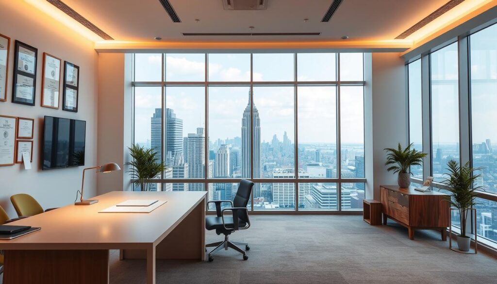 A well-lit, modern office interior with a large desk and comfortable chair in the foreground, symbolizing the professional setting of a title insurance provider. In the middle ground, a large window offers a view of a bustling cityscape, representing the expansive reach and influence of the industry. The walls are adorned with certificates and awards, instilling a sense of expertise and credibility. Soft, warm lighting creates a welcoming atmosphere, while the clean, minimalist design conveys a sense of efficiency and reliability. The overall composition suggests a trusted, reputable title insurance provider that can safeguard your investment.