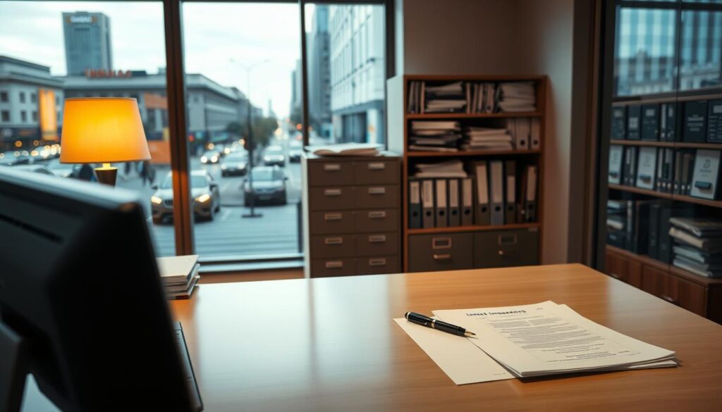 A well-lit office interior, with a large desk in the foreground, neatly organized with a computer, pen, and a stack of papers. In the middle ground, a desk lamp casts a warm glow, illuminating a row of filing cabinets and shelves filled with insurance documents. The background features a window overlooking a bustling city street, with cars and pedestrians passing by. The atmosphere is professional and efficient, conveying the bureaucratic process of processing insurance claims. The lighting is soft and natural, creating a sense of calm and productivity.