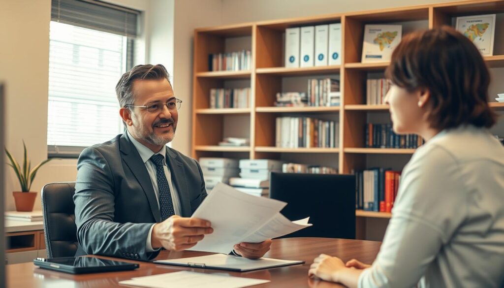 A well-lit office space with a professional insurance agent sitting at a desk, examining documents and discussing options with a client. The agent's expression is attentive and reassuring, conveying a sense of trustworthiness and expertise. The client appears thoughtful, carefully considering the information provided. The background features a bookshelf filled with insurance-related materials, lending an air of authority and knowledge. Warm, neutral tones create a calming atmosphere, and the lighting is soft and diffused, guiding the viewer's focus to the central figures. The overall scene should evoke a feeling of confidence and guidance in the process of choosing the right insurance provider.
