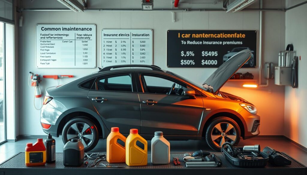 A well-lit, realistic garage interior with a mid-sized sedan parked inside. The car is undergoing routine maintenance, with tools, oil bottles, and other automotive supplies neatly arranged on a workbench in the foreground. Warm, diffused lighting casts soft shadows, highlighting the intricate mechanisms of the car's engine. In the background, a wall-mounted display showcases a breakdown of common car maintenance and insurance costs, emphasizing the importance of regular upkeep to reduce insurance premiums. The overall scene conveys a sense of organization, efficiency, and the financial benefits of proactive car care.