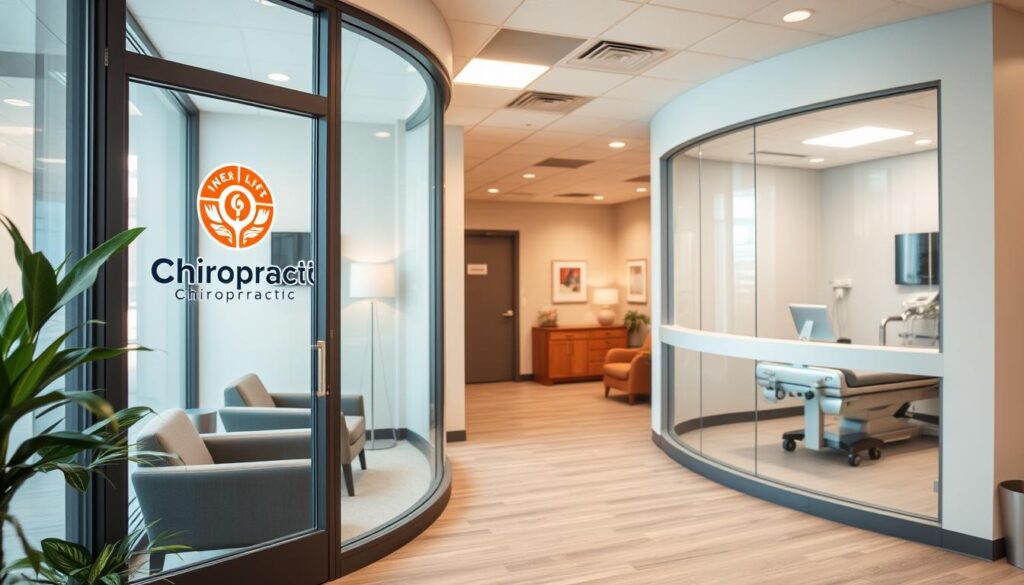An attractive, modern chiropractic clinic with a clean, professional interior. The entrance features a large, inviting window displaying the clinic's logo and branding. The reception area has comfortable seating and a warm, friendly atmosphere. In the background, the clinic's treatment rooms are visible, equipped with state-of-the-art chiropractic equipment. The lighting is soft and welcoming, creating a calming environment. The overall impression is one of a high-quality, insurance-friendly healthcare facility that prioritizes patient comfort and care. An attractive, modern chiropractic clinic with a clean, professional interior. The entrance features a large, inviting window displaying the clinic's logo and branding. The reception area has comfortable seating and a warm, friendly atmosphere. In the background, the clinic's treatment rooms are visible, equipped with state-of-the-art chiropractic equipment. The lighting is soft and welcoming, creating a calming environment. The overall impression is one of a high-quality, insurance-friendly healthcare facility that prioritizes patient comfort and care.
