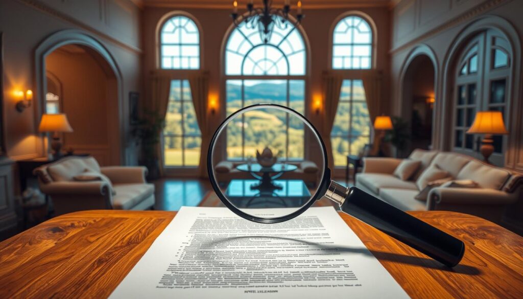 An elegant and spacious home interior, with warm lighting casting a soft glow on the hardwood floors and plush furniture. In the center, a magnifying glass hovers over a legal document, its intricate details illuminated. Behind it, a large window offers a scenic view of a lush, vibrant landscape. Surrounding the scene, subtle architectural elements like arched doorways and decorative moldings add a sense of timelessness and importance. The overall atmosphere conveys the significance and gravitas of the title insurance process, underscoring its vital role in protecting the homeowner's investment.