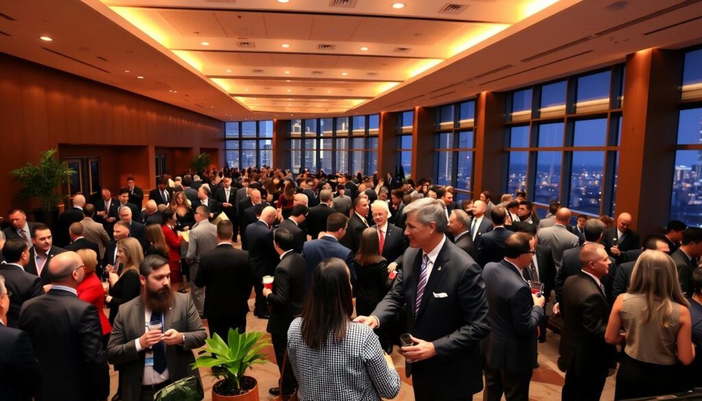 An expansive networking event in a modern, high-ceilinged atrium. Clusters of people in professional attire mingle and converse, drinks in hand. The space is bathed in warm, ambient lighting from recessed fixtures, casting a golden glow. Potted plants and sleek decor create a sophisticated, upscale ambiance. In the foreground, two well-dressed individuals shake hands, engaged in animated discussion. A backdrop of large windows offers a view of the vibrant cityscape outside. The scene conveys a sense of opportunity, connection, and the bustling energy of the Georgia insurance industry.