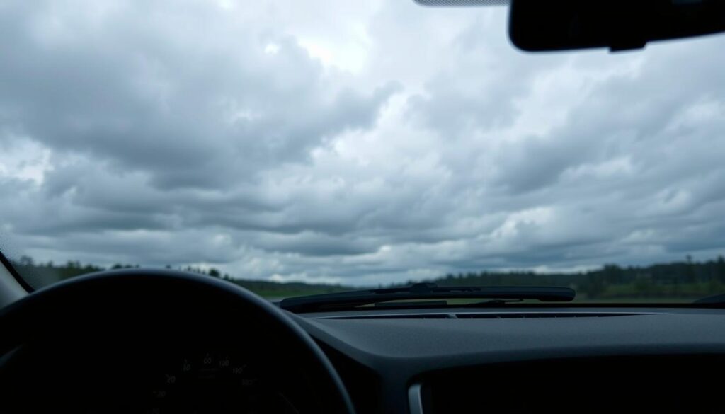 An interior car view with the dashboard and windshield as the focal point. The dashboard displays a warning light indicating a problem with the comprehensive insurance coverage. The windshield shows a dark, cloudy sky outside, suggesting a sense of uncertainty and limitation. The lighting is subdued, creating a somber mood. The camera angle is slightly tilted upwards, emphasizing the feeling of being overwhelmed by the limitations of the insurance policy. The overall scene conveys the message of the limitations and gaps in comprehensive vehicle insurance coverage.