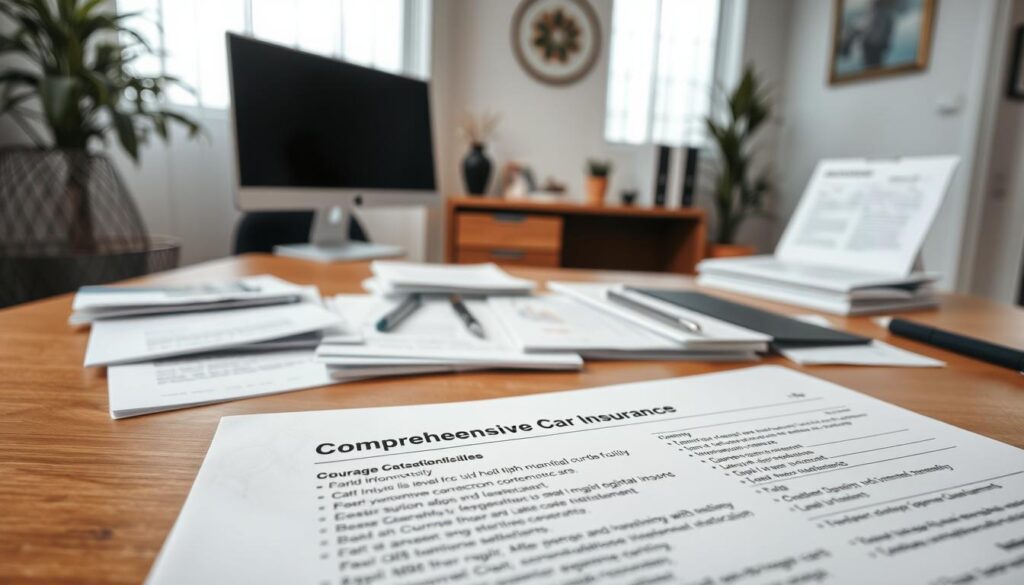 Detailed high-resolution image of comprehensive car insurance details, captured with a wide-angle lens in natural daylight. Prominent in the foreground, a comprehensive car insurance policy document with clear sections outlining coverage levels, deductibles, and claim procedures. In the middle ground, an array of supporting documents such as insurance cards, premium statements, and claim forms, neatly organized. The background depicts a clean, minimalist office setting with a wooden desk, computer monitor, and tasteful decor, creating a professional, trustworthy atmosphere.