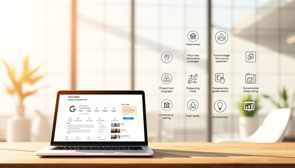 Detailed illustration of insurance benefits for a Google Business Profile, presented in a clean, modern style. Foreground features an open laptop with a profile dashboard, highlighting key coverage details. Midground showcases various insurance icons and symbols, conveying comprehensive protection. Background displays a serene, blurred office environment with subtle grid patterns, contributing to a professional, trustworthy atmosphere. Warm, natural lighting casts gentle shadows, creating depth and accentuating the subject matter. Camera angle is slightly elevated, giving a sense of authority and importance to the displayed information.