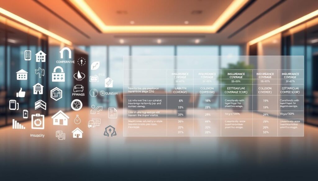 Expansive insurance services comparison, displayed against a backdrop of a sleek, modern office setting. In the foreground, various insurance plan icons and symbols representing comprehensive, liability, and collision coverage float in a visually striking arrangement. The middle ground features a series of translucent data panels, showcasing key coverage details and comparative statistics in a clean, minimalist style. The background is bathed in warm, directional lighting, creating a sense of professionalism and authority. The overall composition conveys the nuances and differences between various insurance options, aimed to inform and educate the viewer.