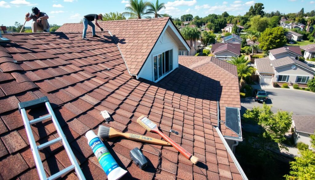 High-resolution, detailed image of roof maintenance tips, showing a well-maintained residential roof with a homeowner performing various tasks. The scene is set in a sunny, clear day with a warm, inviting atmosphere. In the foreground, the homeowner is carefully inspecting the roof, cleaning gutters, and repairing minor damages. The middle ground features a variety of roof maintenance tools and materials, such as a ladder, sealant, and a soft-bristle brush. The background showcases the surrounding neighborhood, with well-kept homes and lush greenery, creating a sense of a thriving, well-cared-for community.