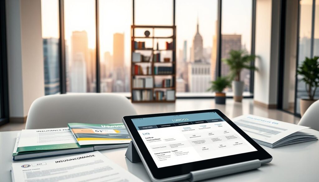 Imagine a sleek, modern office space with clean lines and neutral tones. In the foreground, a stylish desk showcases various insurance plan documents, each with its own distinct branding and design. On the desktop, a tablet display presents an interactive comparison of the Lumolog insurance plans, highlighting key features and benefits in a clear, visually appealing layout. The middle ground features a bookshelf filled with insurance-related resources, while the background depicts a large window overlooking a bustling city skyline, illuminated by warm, natural lighting. The overall atmosphere exudes professionalism, attention to detail, and a sense of informed decision-making. Imagine a sleek, modern office space with clean lines and neutral tones. In the foreground, a stylish desk showcases various insurance plan documents, each with its own distinct branding and design. On the desktop, a tablet display presents an interactive comparison of the Lumolog insurance plans, highlighting key features and benefits in a clear, visually appealing layout. The middle ground features a bookshelf filled with insurance-related resources, while the background depicts a large window overlooking a bustling city skyline, illuminated by warm, natural lighting. The overall atmosphere exudes professionalism, attention to detail, and a sense of informed decision-making.